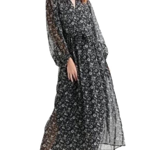 Lucky Brand Long Sleeve Peasant Tiered Maxi Dress Grey Cream Floral Size XS - Picture 2 of 11